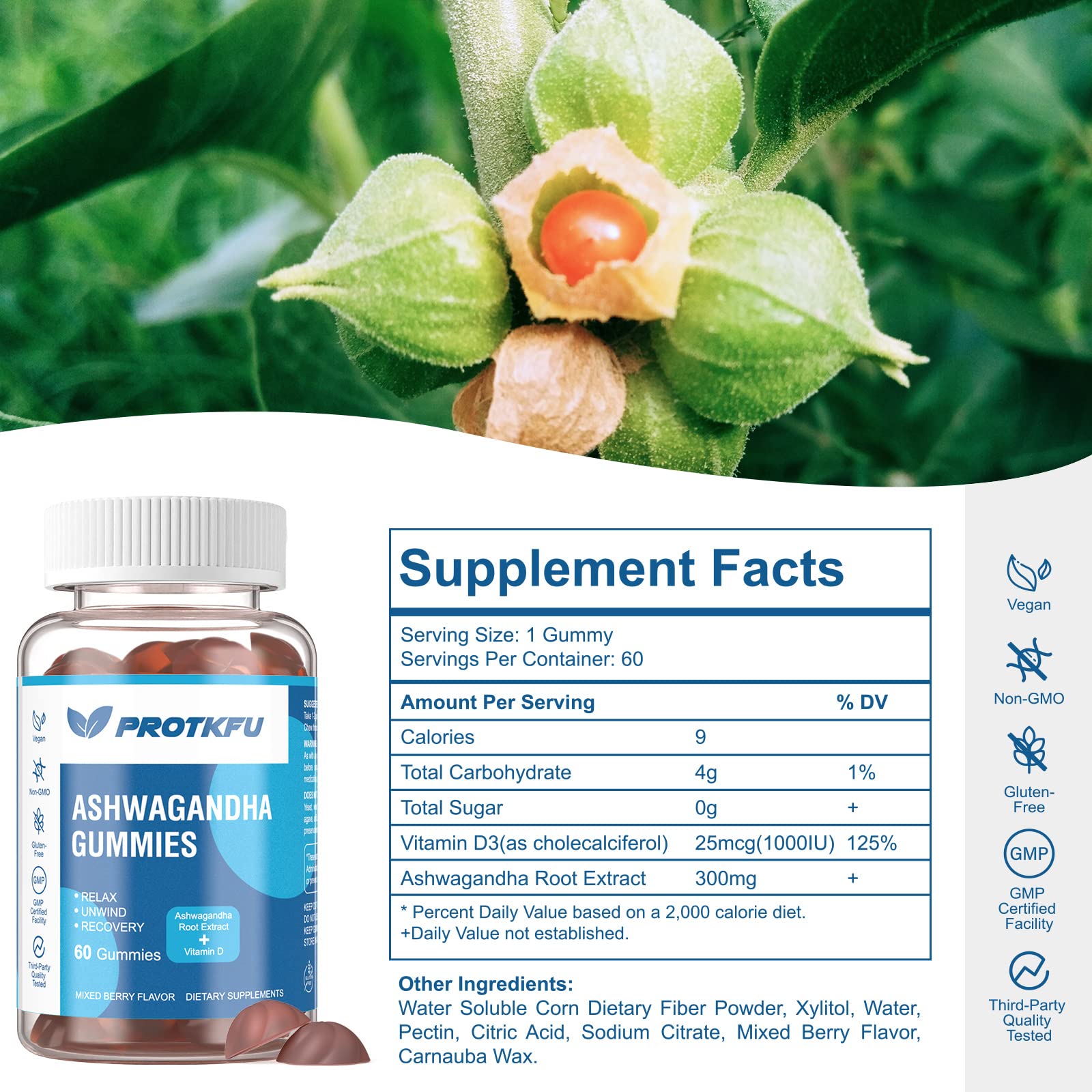 ProTKFU Ashwagandha Gummies label closeup highlights berry flavor.