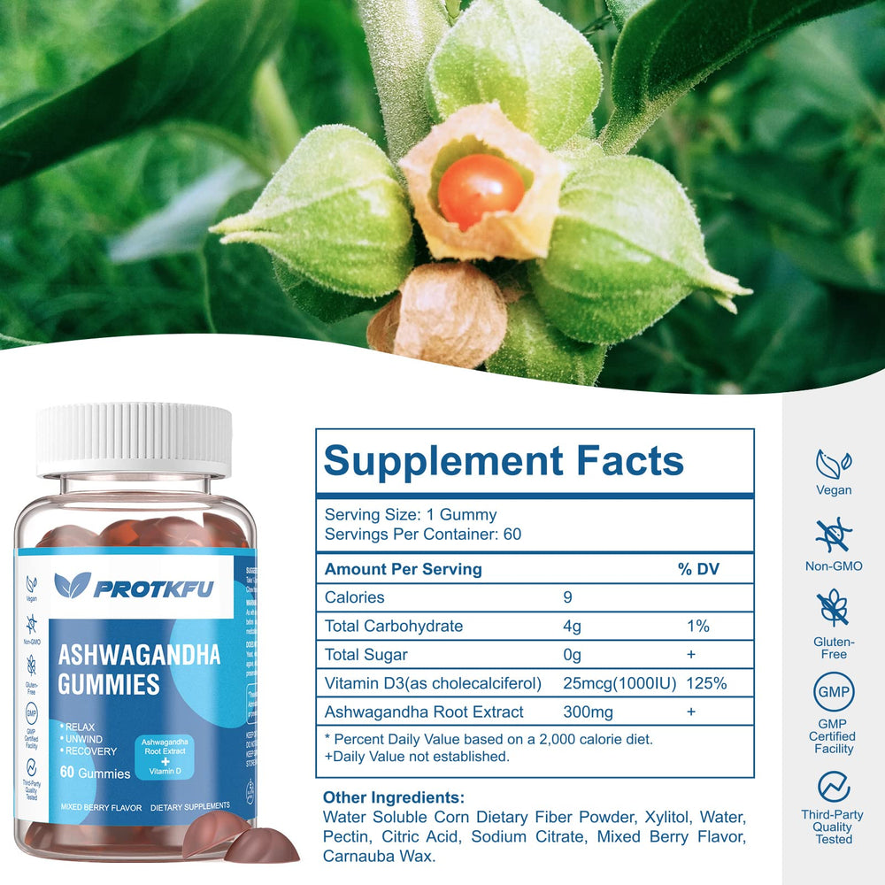 ProTKFU Ashwagandha Gummies label closeup highlights berry flavor.