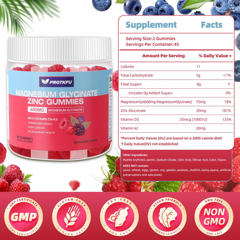 ProTKFU Magnesium Glycinate Gummies close-up highlighting berry flavor and vegan-friendly formula