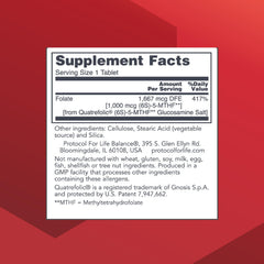 PROTOCOL FOR LIFE BALANCE 5-Methylfolate tablets showcasing active 1,000mcg dose