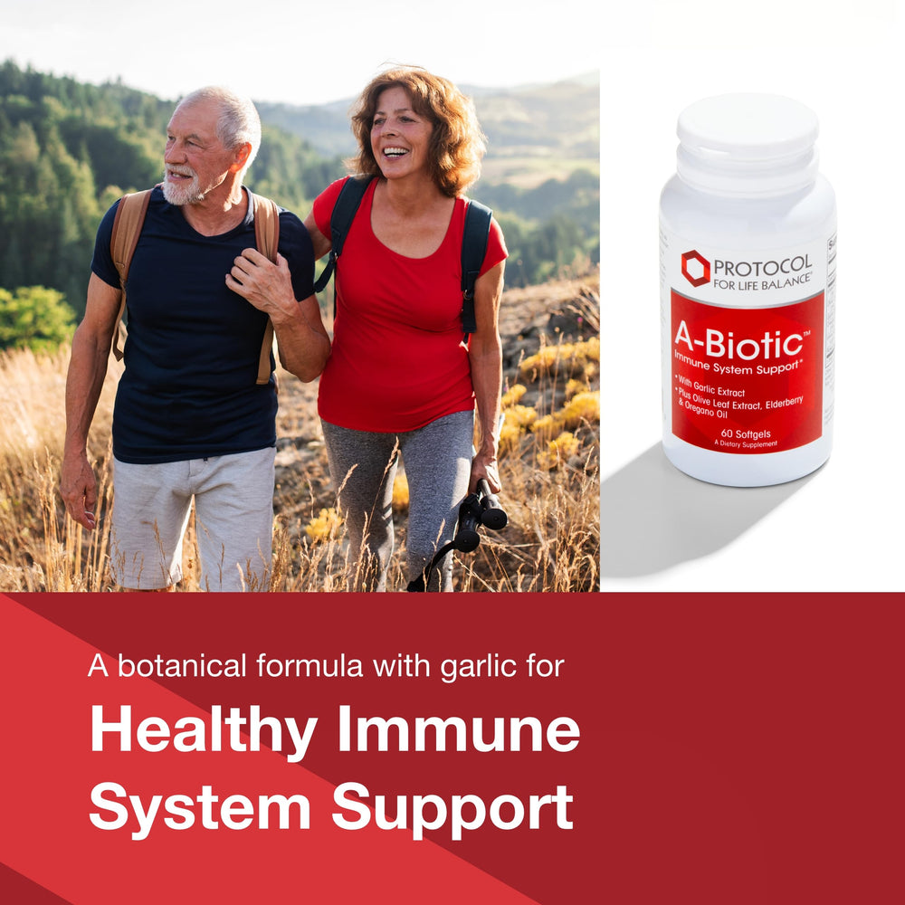 Protocol For Life Balance A-Biotic garlic-capsules suggest garlic-based immune support.