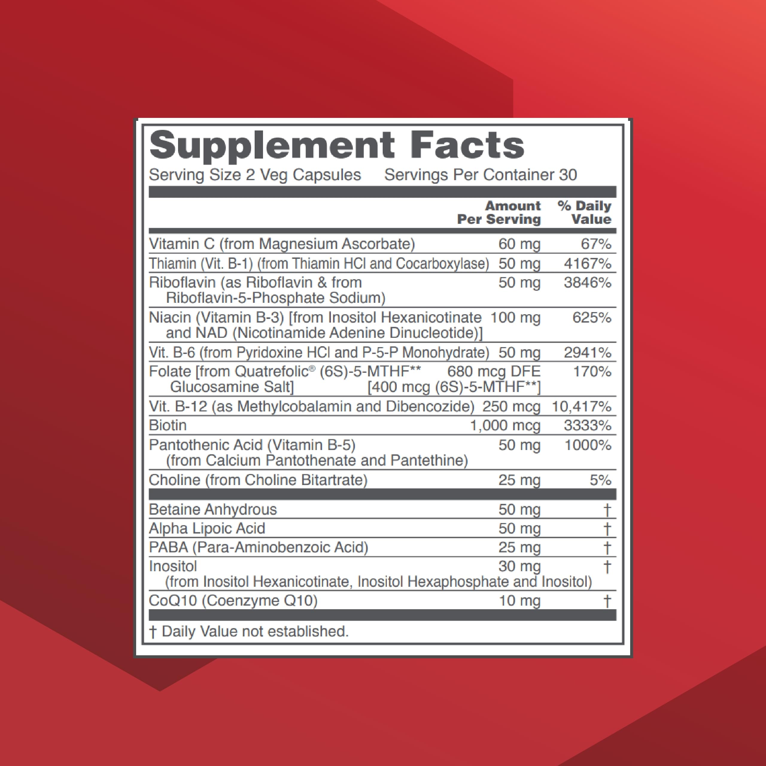 PROTOCOL FOR LIFE BALANCE B Complex Neuro Factors label closeup highlights coenzyme vitamins