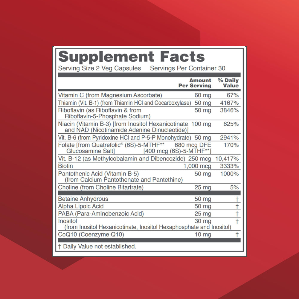 PROTOCOL FOR LIFE BALANCE B Complex Neuro Factors label closeup highlights coenzyme vitamins