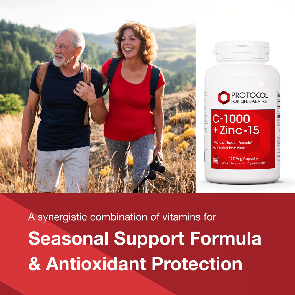Front label of Protocol For Life Balance C-1000 + Zinc-15 with key ingredients.