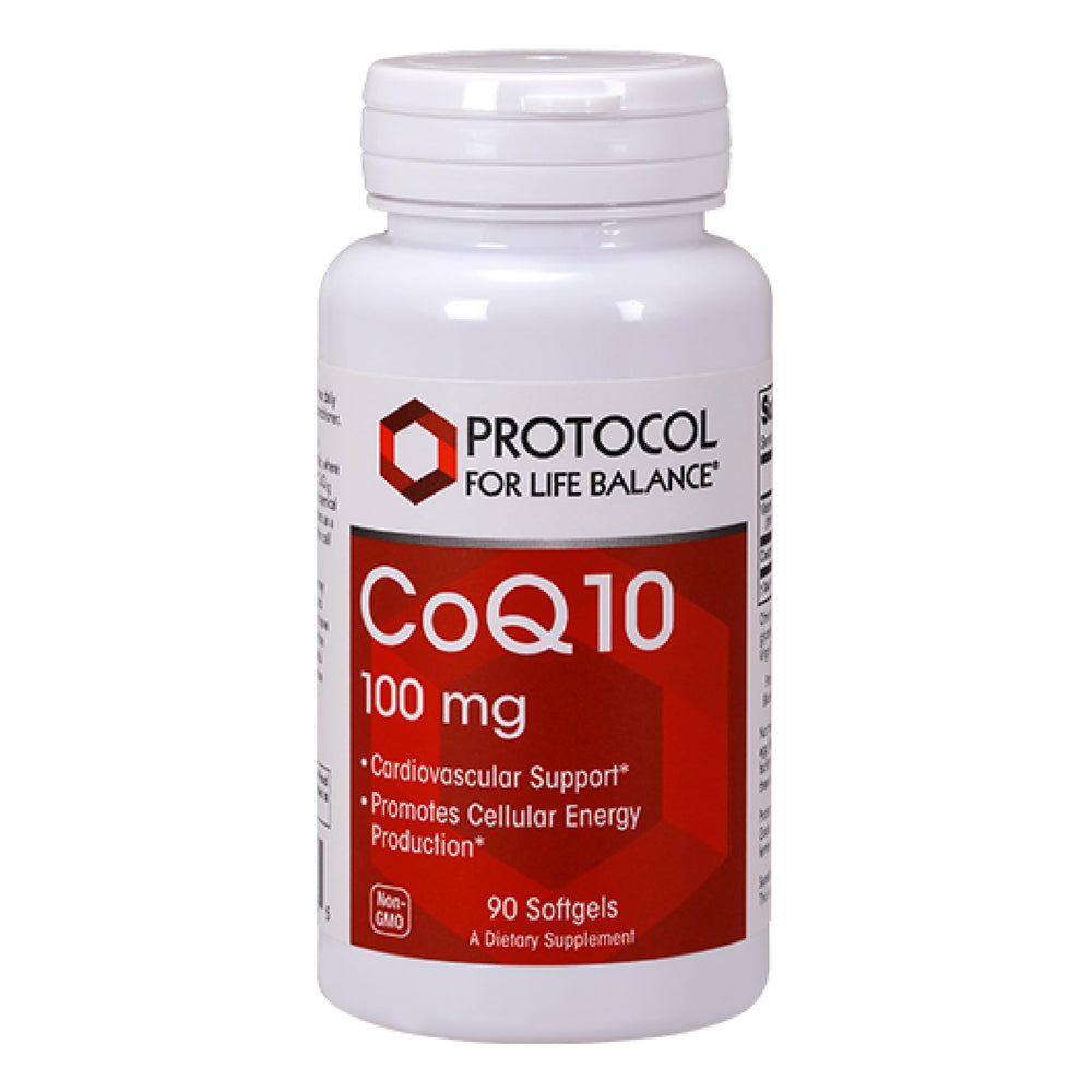 Protocol For Life Balance CoQ10 100mg softgel bottle supports everyday energy routines.