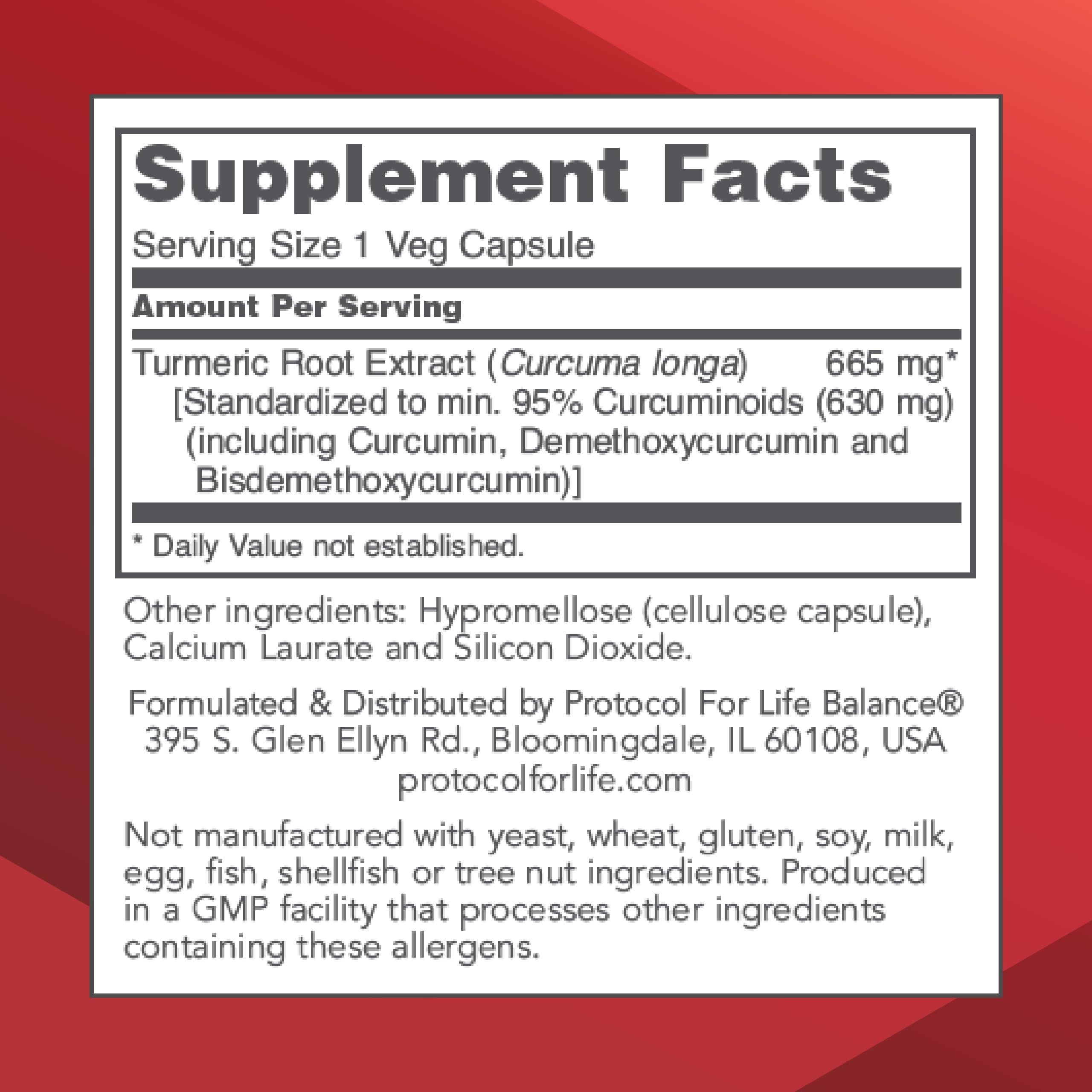 Protocol for Life Balance curcumin bottle front highlighting 665 mg potency.
