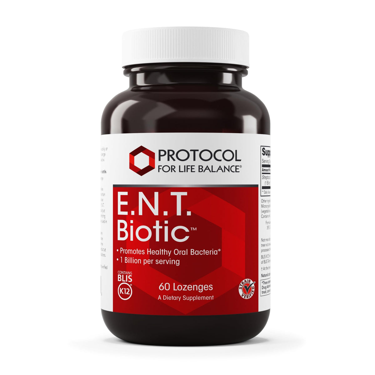 Protocol for Life Balance E.N.T. Biotic bottle front suggests daily oral health support