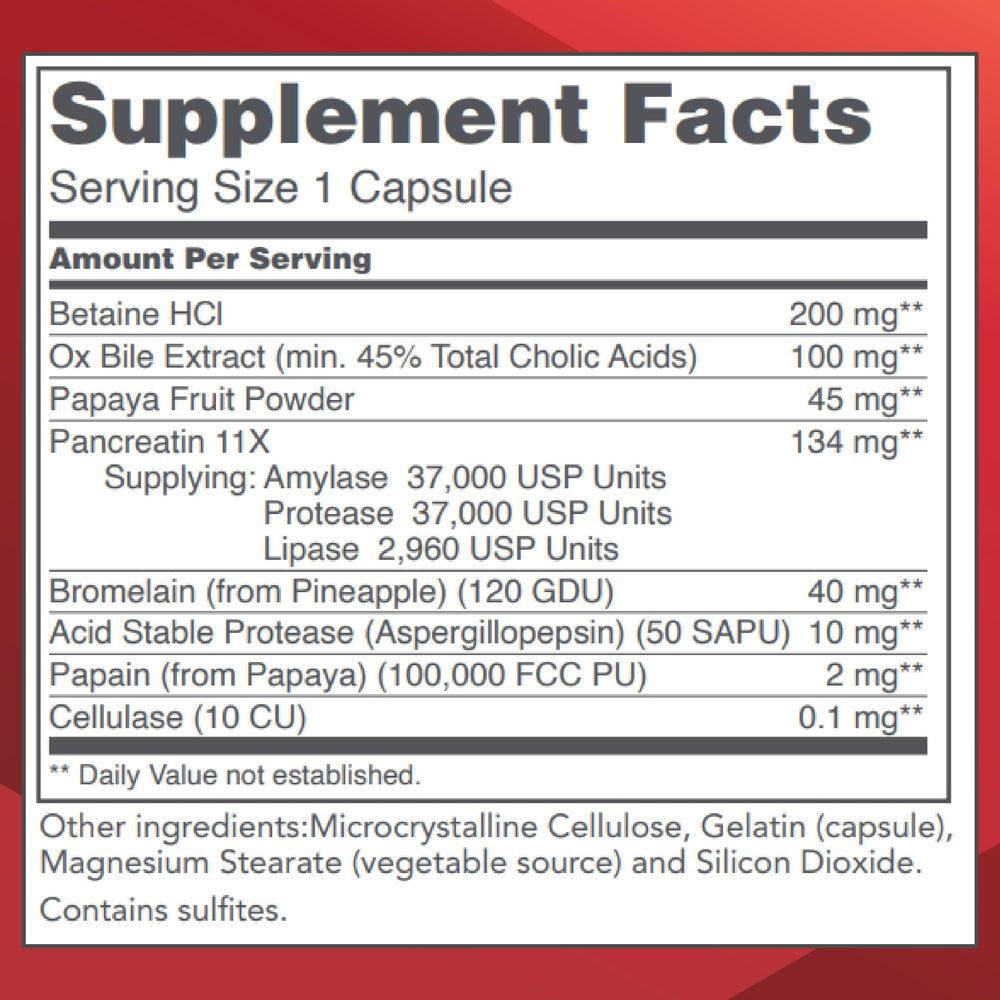 PROTOCOL FOR LIFE BALANCE Enzymes-HCl bottle back highlights ingredients and usage notes