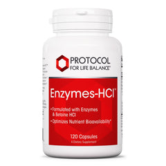PROTOCOL FOR LIFE BALANCE Enzymes-HCl bottle front shows the product layout and branding for digestion support