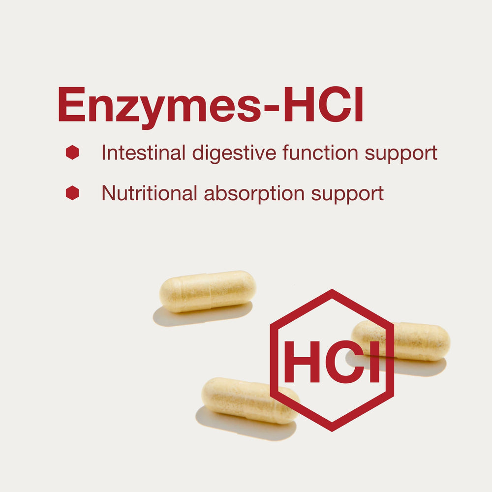 PROTOCOL FOR LIFE BALANCE Enzymes-HCl label closeup confirms soy and dairy-free formula