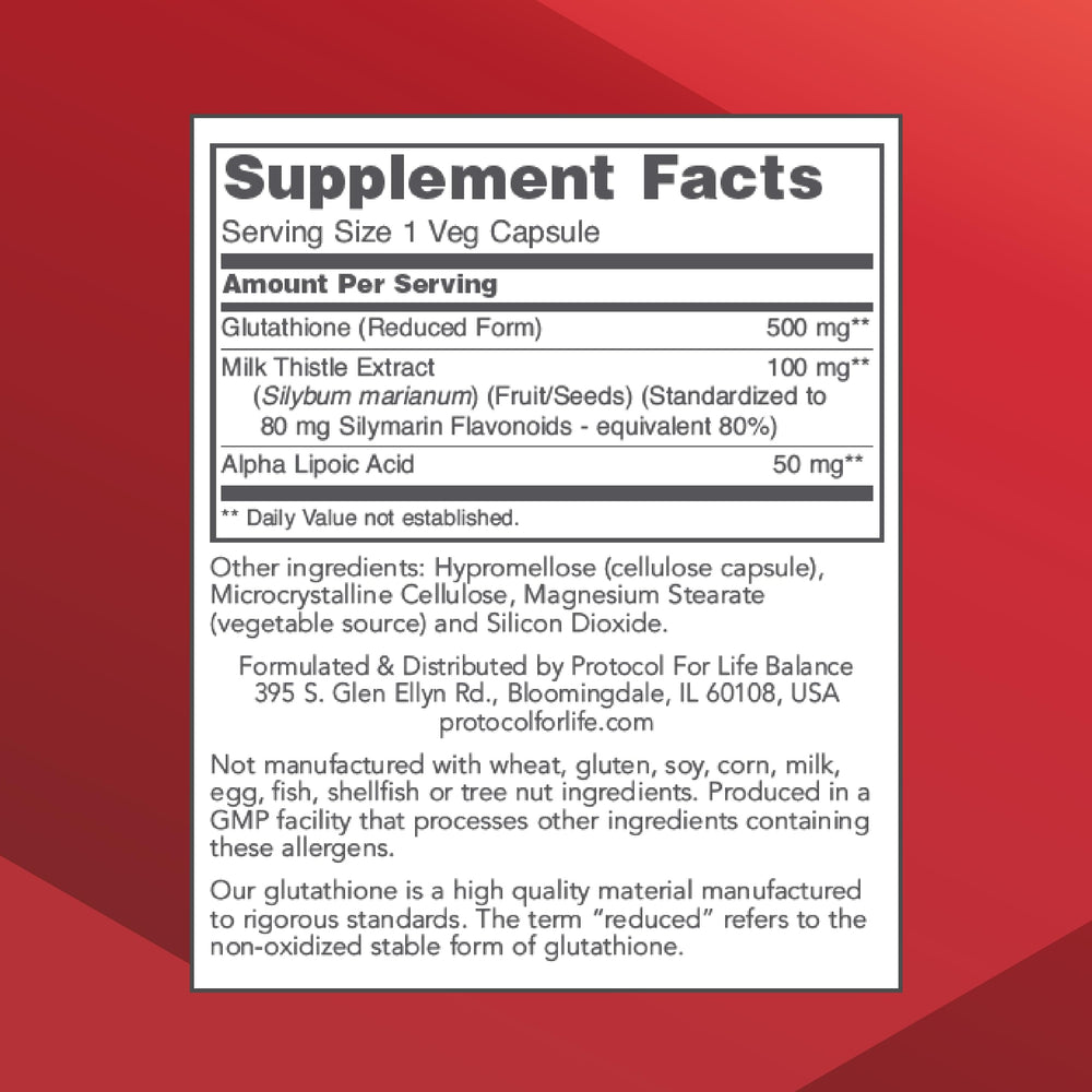 Protocol for Life Balance Glutathione bottle label close-up showing allergen-free qualities