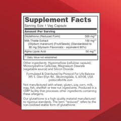 Protocol for Life Balance Glutathione bottle label close-up showing allergen-free qualities