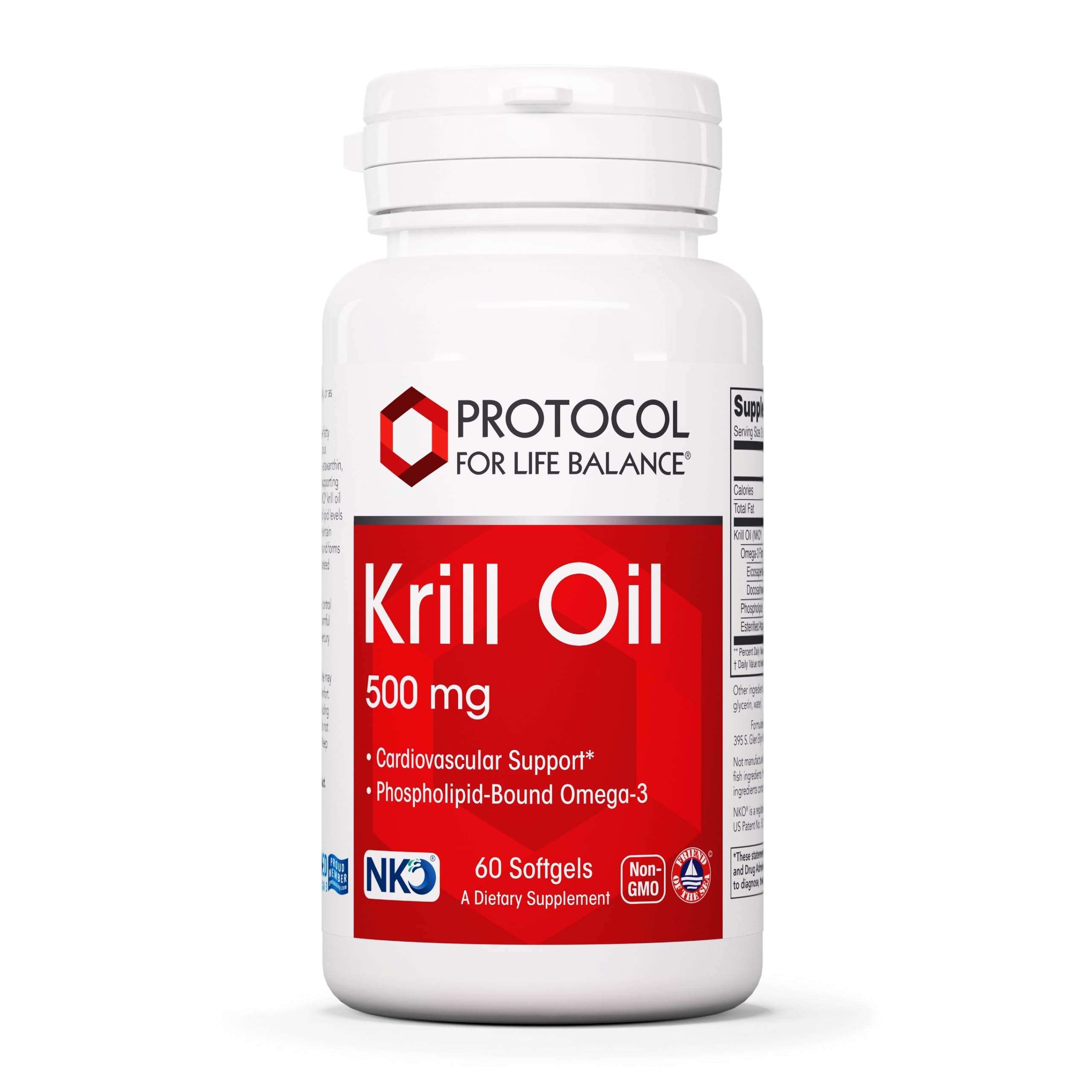 PROTOCOL FOR LIFE BALANCE Krill Oil 500mg bottle highlighting heart-healthy omega fatty acids
