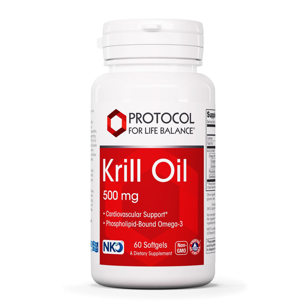 PROTOCOL FOR LIFE BALANCE Krill Oil 500mg bottle highlighting heart-healthy omega fatty acids