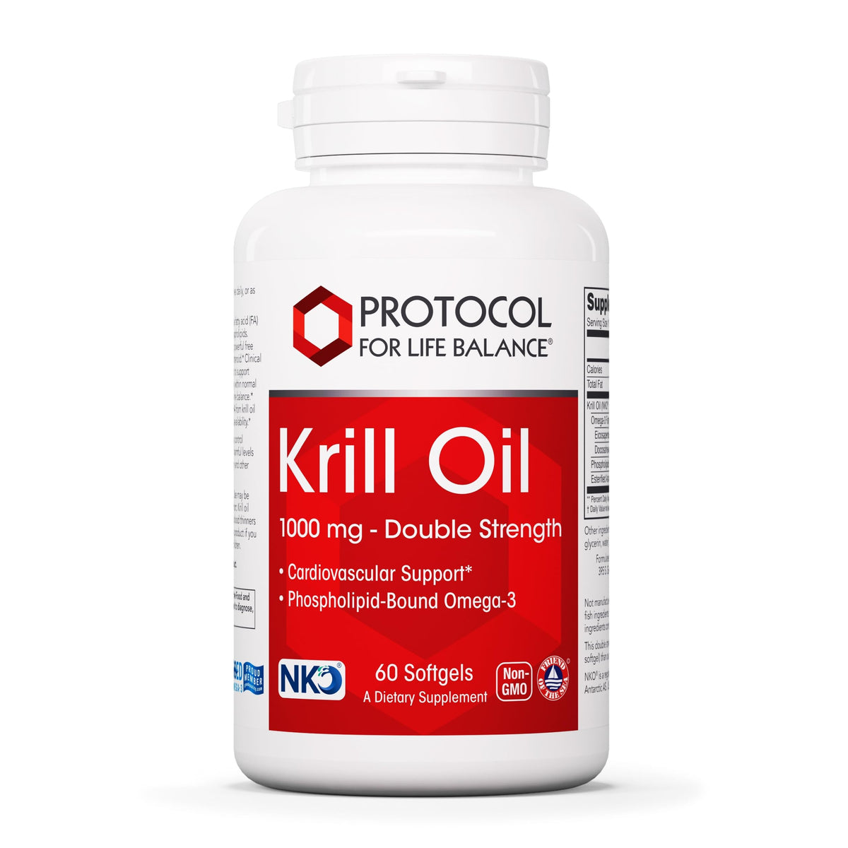 PROTOCOL FOR LIFE BALANCE Krill Oil bottle showing 1,000mg formula for heart and brain support.