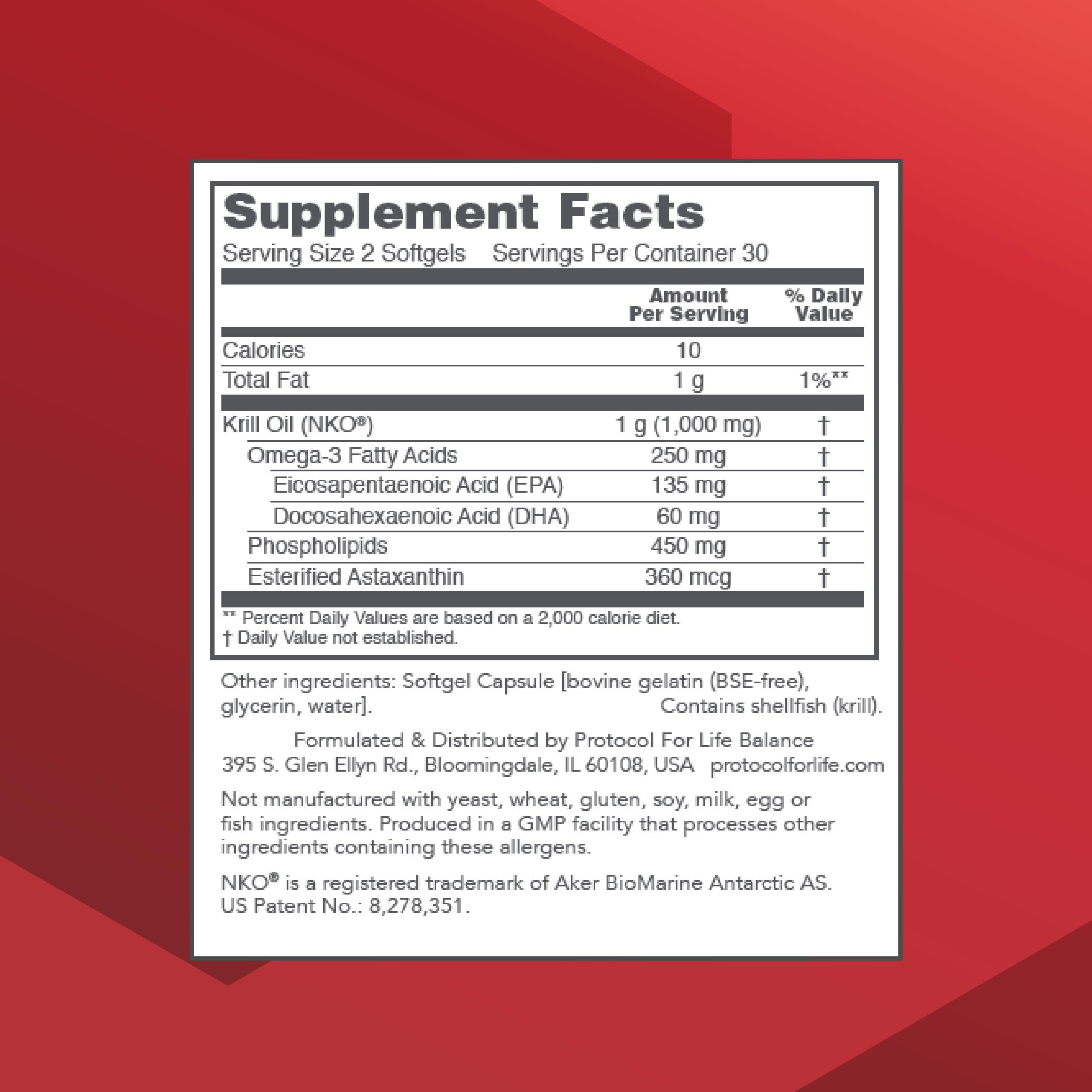 PROTOCOL FOR LIFE BALANCE Krill Oil softgels closeup emphasizing DHA and EPA