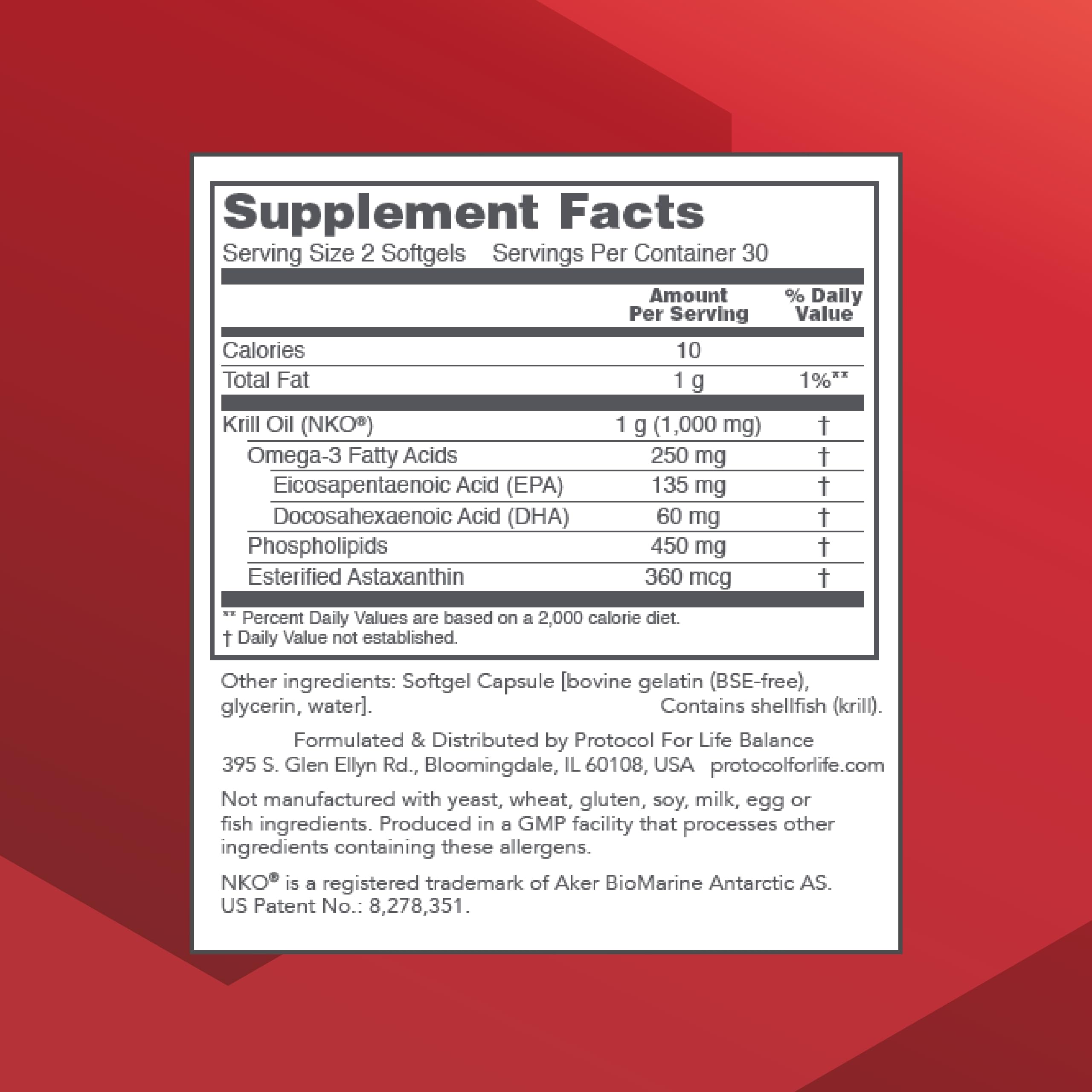 PROTOCOL FOR LIFE BALANCE Krill Oil softgels highlighting DHA and EPA for enhanced absorption.