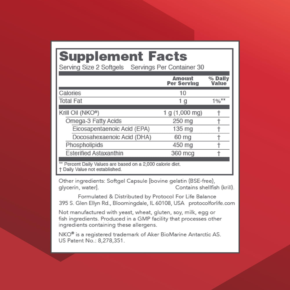 PROTOCOL FOR LIFE BALANCE Krill Oil softgels highlighting DHA and EPA for enhanced absorption.