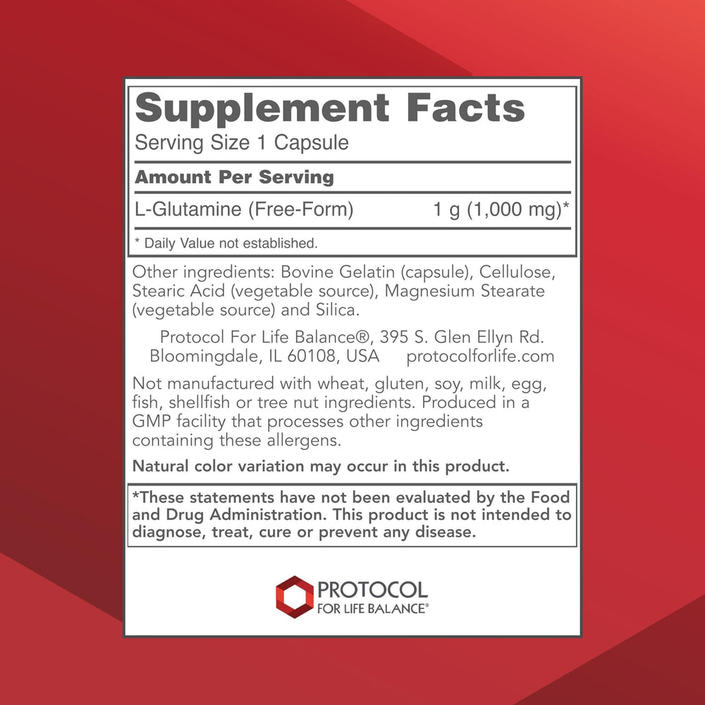 PROTOCOL FOR LIFE BALANCE L-Glutamine capsules closeup highlights capsule texture for easy ingestion.