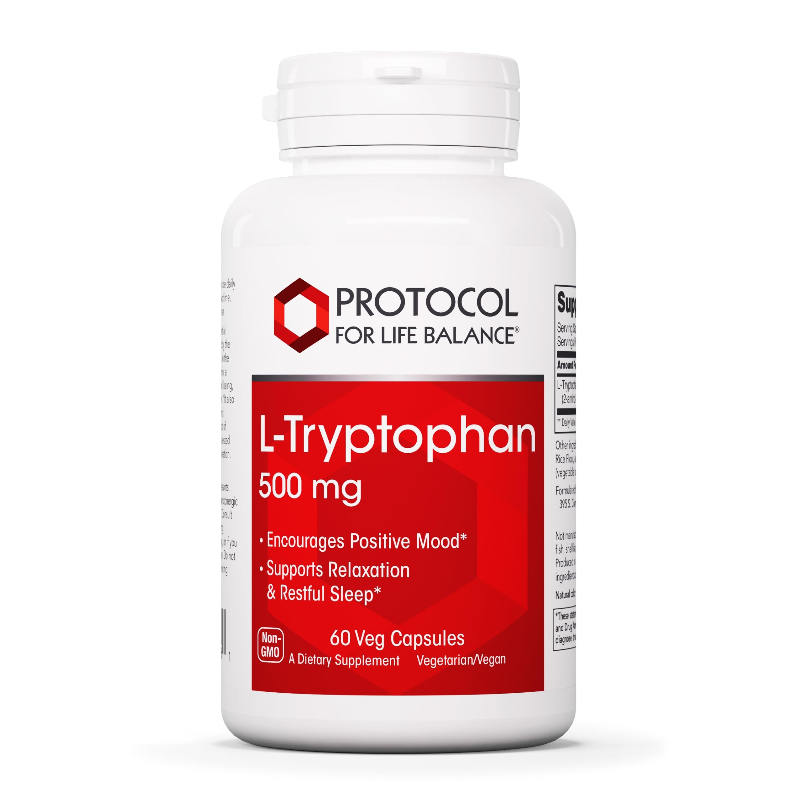 PROTOCOL FOR LIFE BALANCE L-Tryptophan 500mg bottle on shelf suggests daily relaxation potential