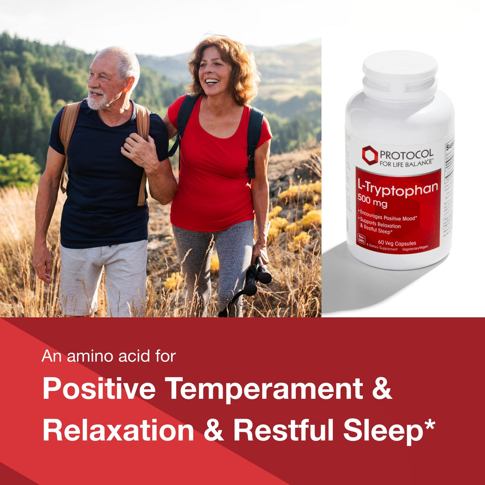 PROTOCOL FOR LIFE BALANCE L-Tryptophan 500mg label front communicates quality and GMP heritage