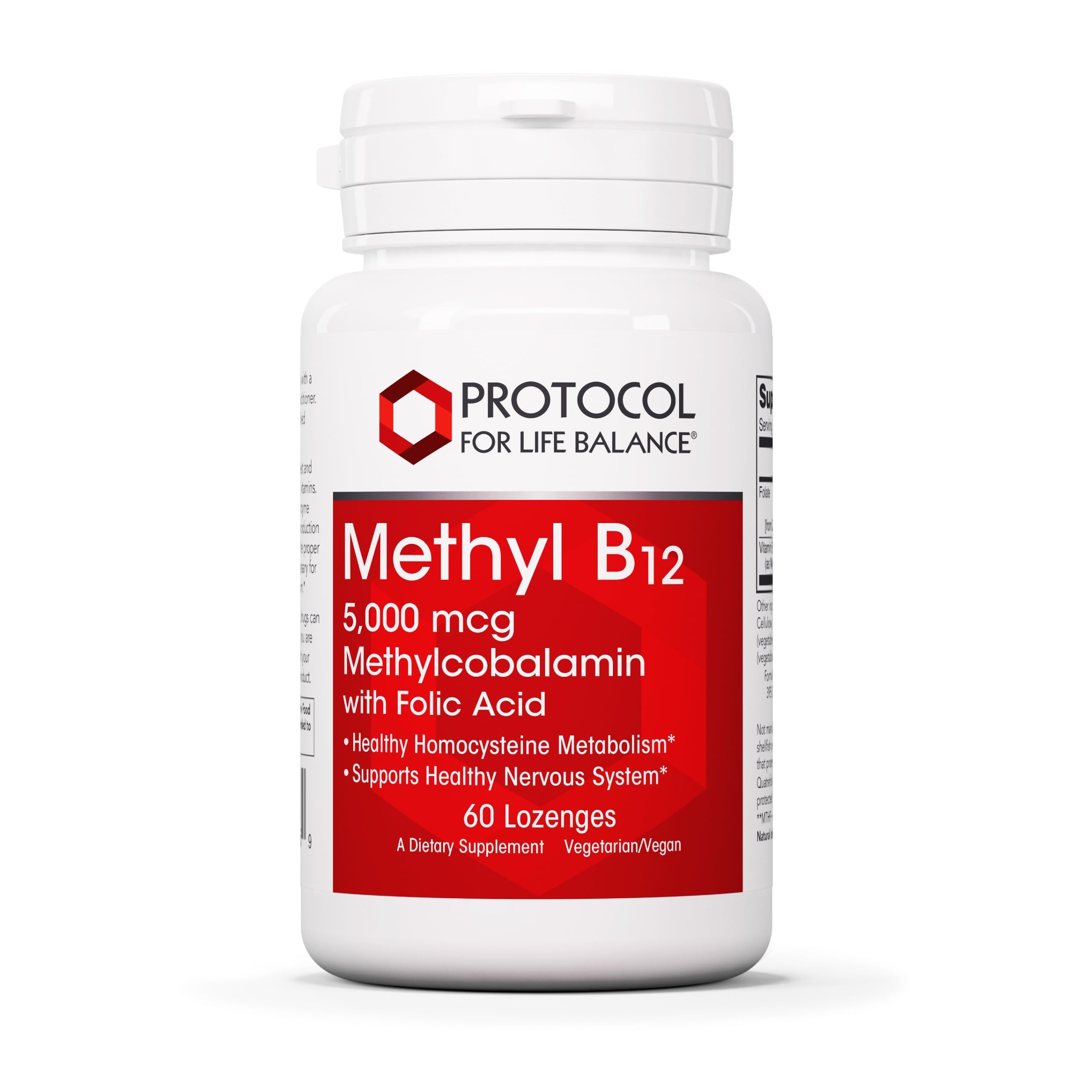 Protocol for Life Balance Methyl B12 lozenge bottle showing 5,000 mcg potency for brain support