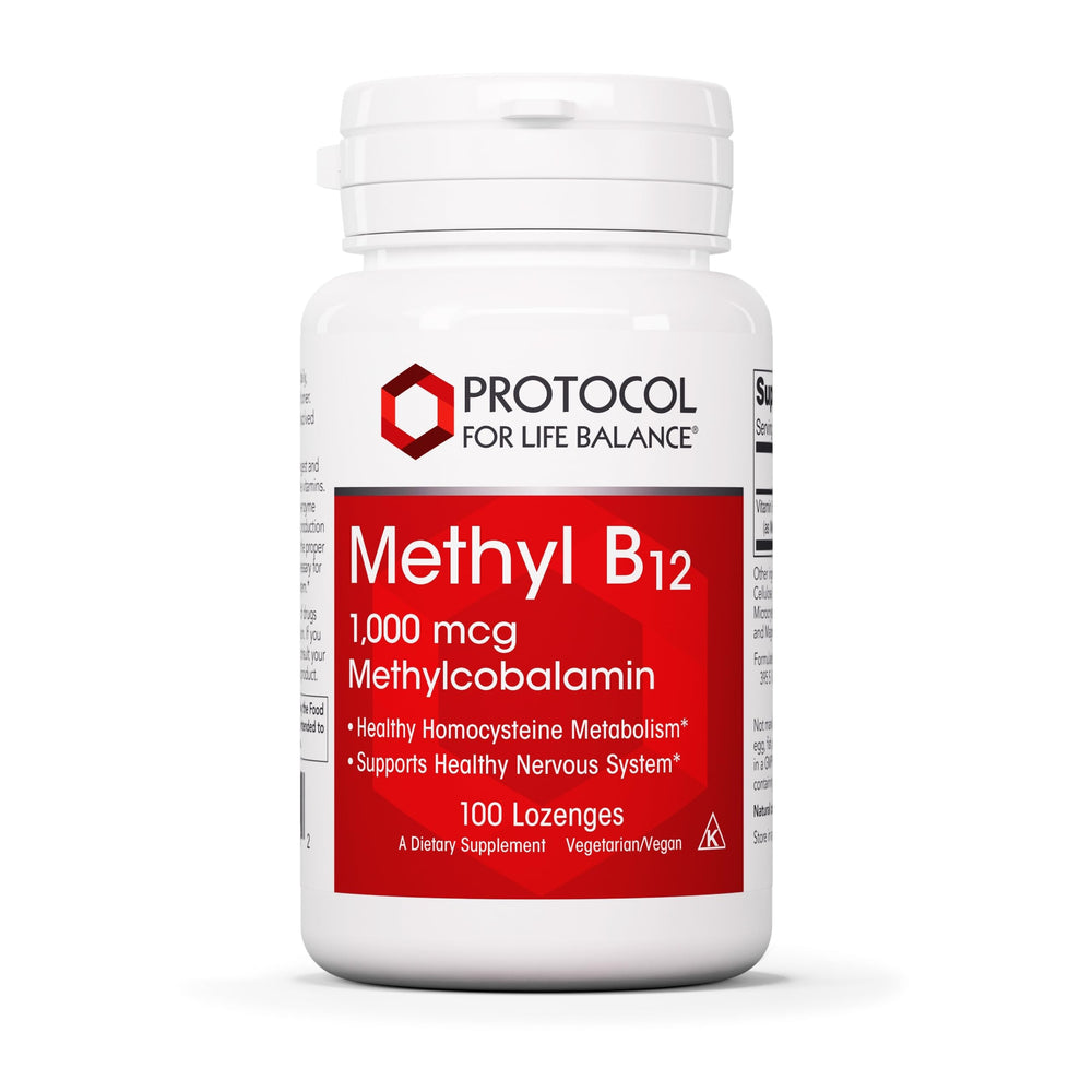 Protocol For Life Balance Methyl B12 lozenge bottle on countertop highlights brain and nervous system support
