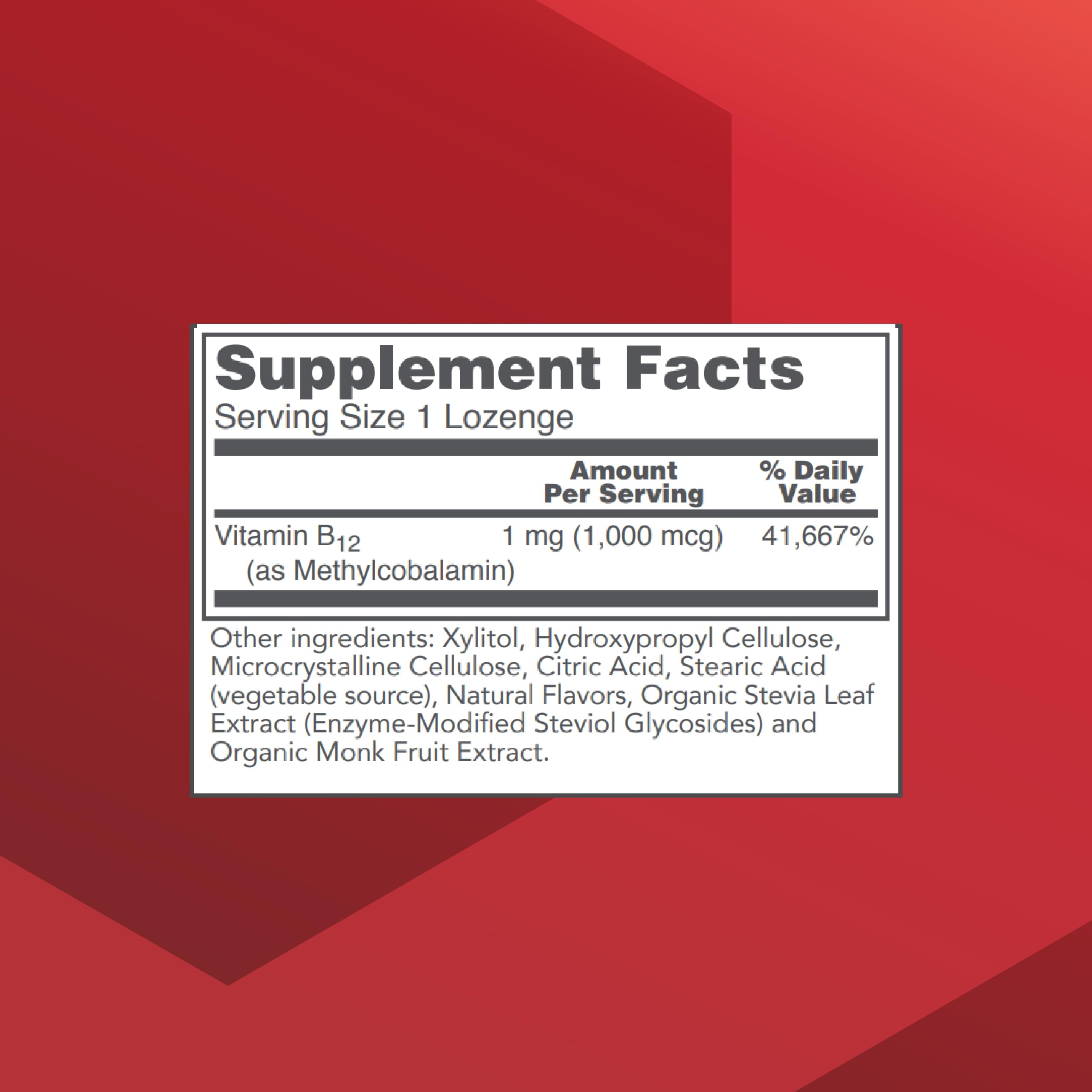 Label closeup of Protocol For Life Balance Methyl B12 lozenges showing dosage and certifications