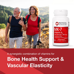 Protocol for Life Balance MK-7 label shows dosage and vegan non-GMO notes.