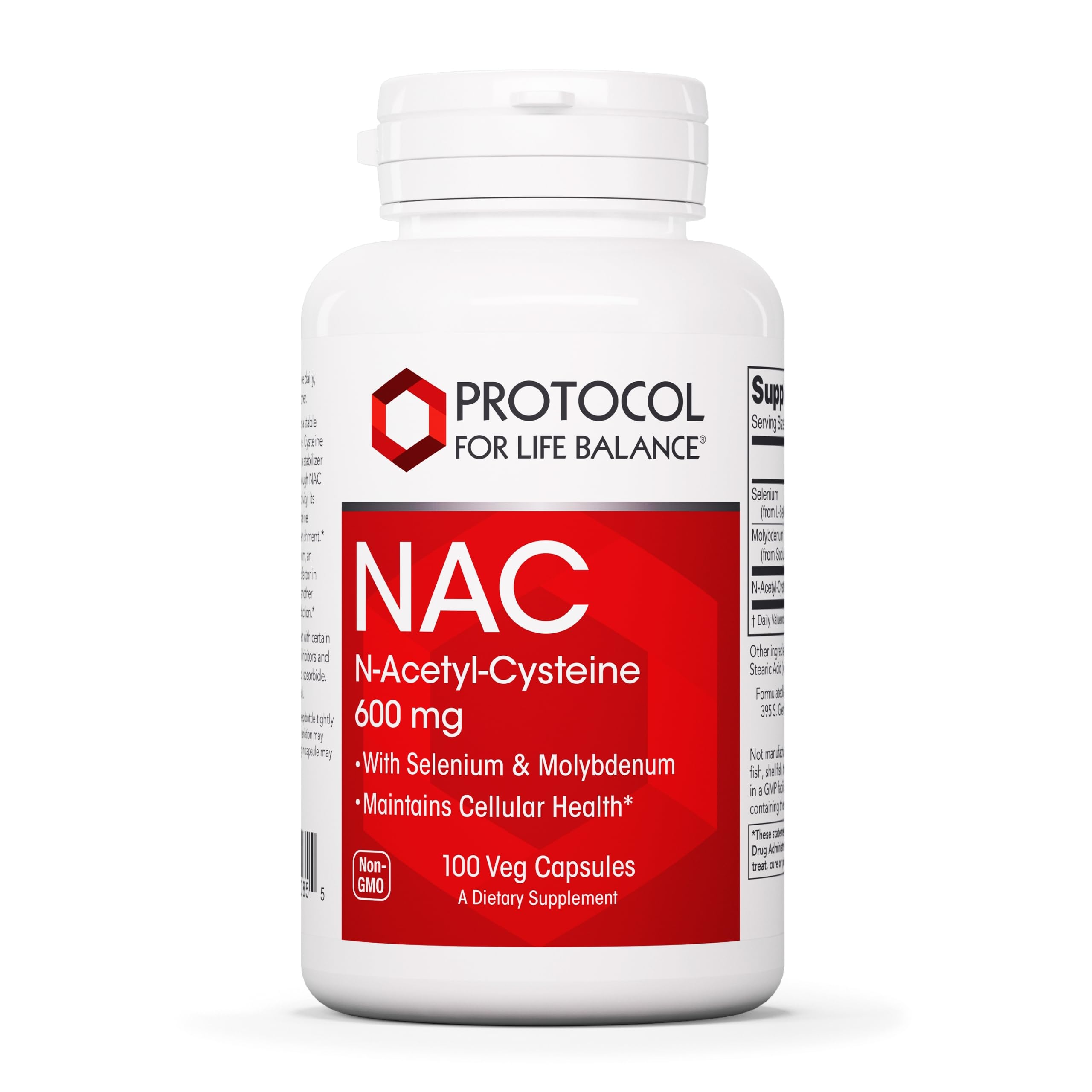 Protocol for Life Balance NAC selenium molybdenum bottle with capsules, ready for daily use.