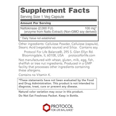 Protocol for Life Balance nattokinase capsules close-up showing 100 mg per capsule