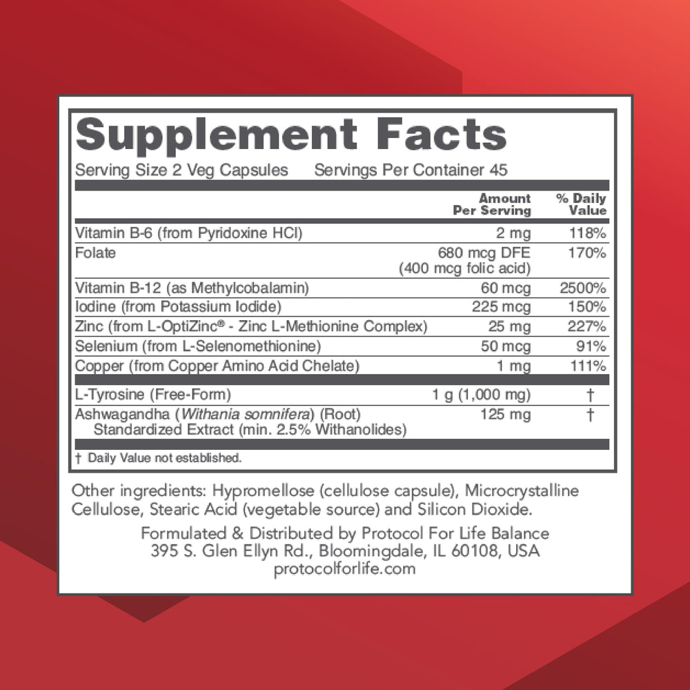 Ortho Thyroid capsules closeup highlighting ashwagandha and zinc for energy support.