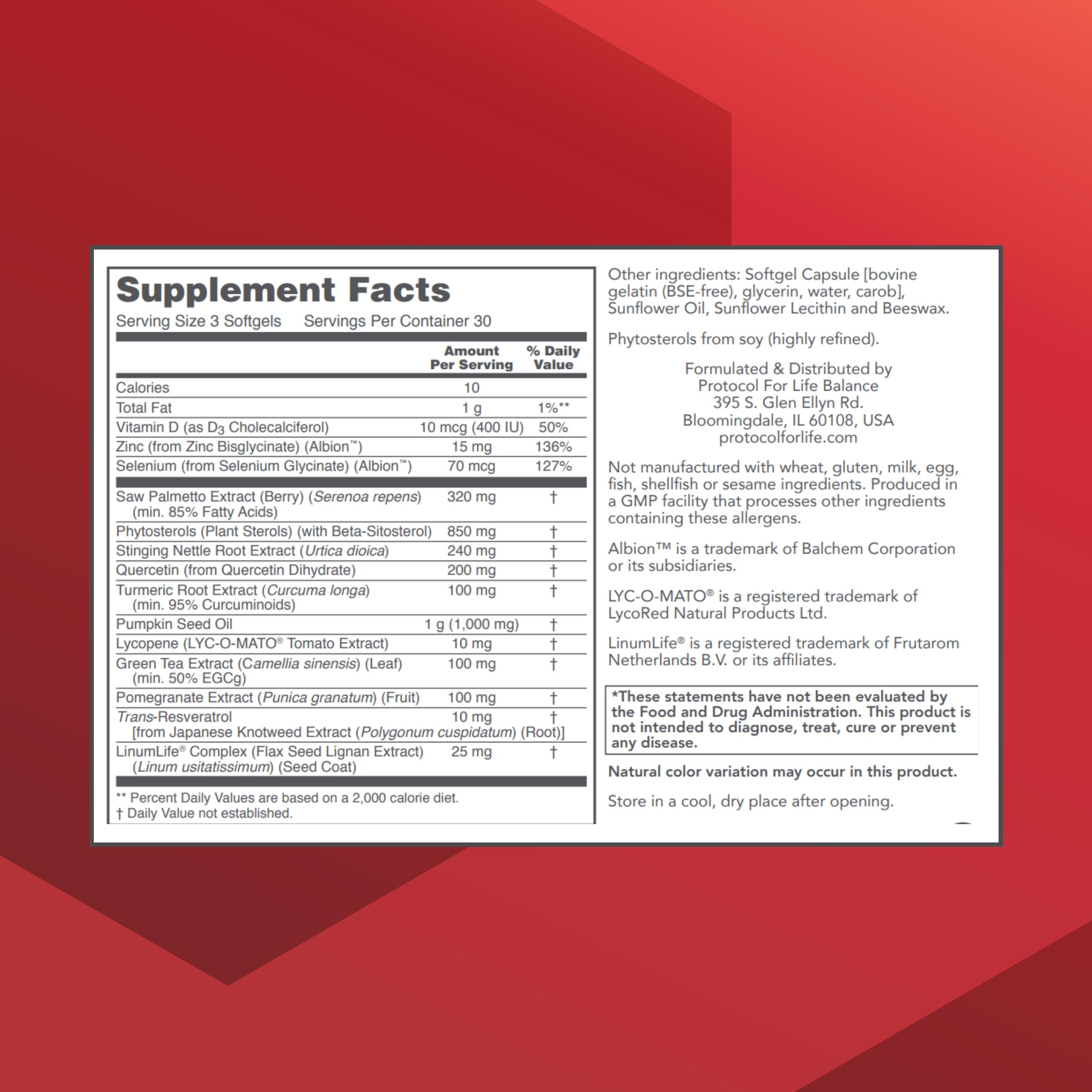Protocol for Life Balance Prostate-B bottle label highlights beta sitosterol blend.