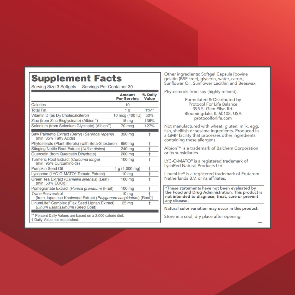 Protocol for Life Balance Prostate-B bottle label highlights beta sitosterol blend.