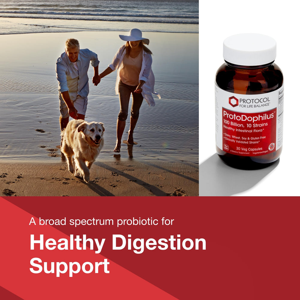 Proto Dophilus label close-up emphasizes dairy-free, gluten-free, vegan attributes.