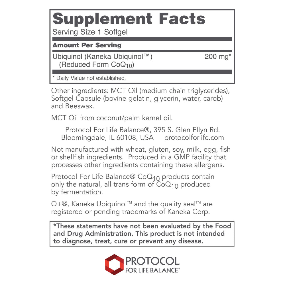 Protocol for Life Balance ubiquinol back label notes soy-free and dairy-free formula.