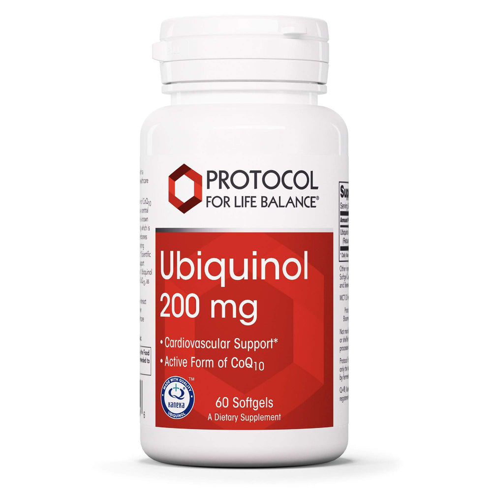 Protocol for Life Balance ubiquinol 200mg softgels bottle front highlights heart health potential.