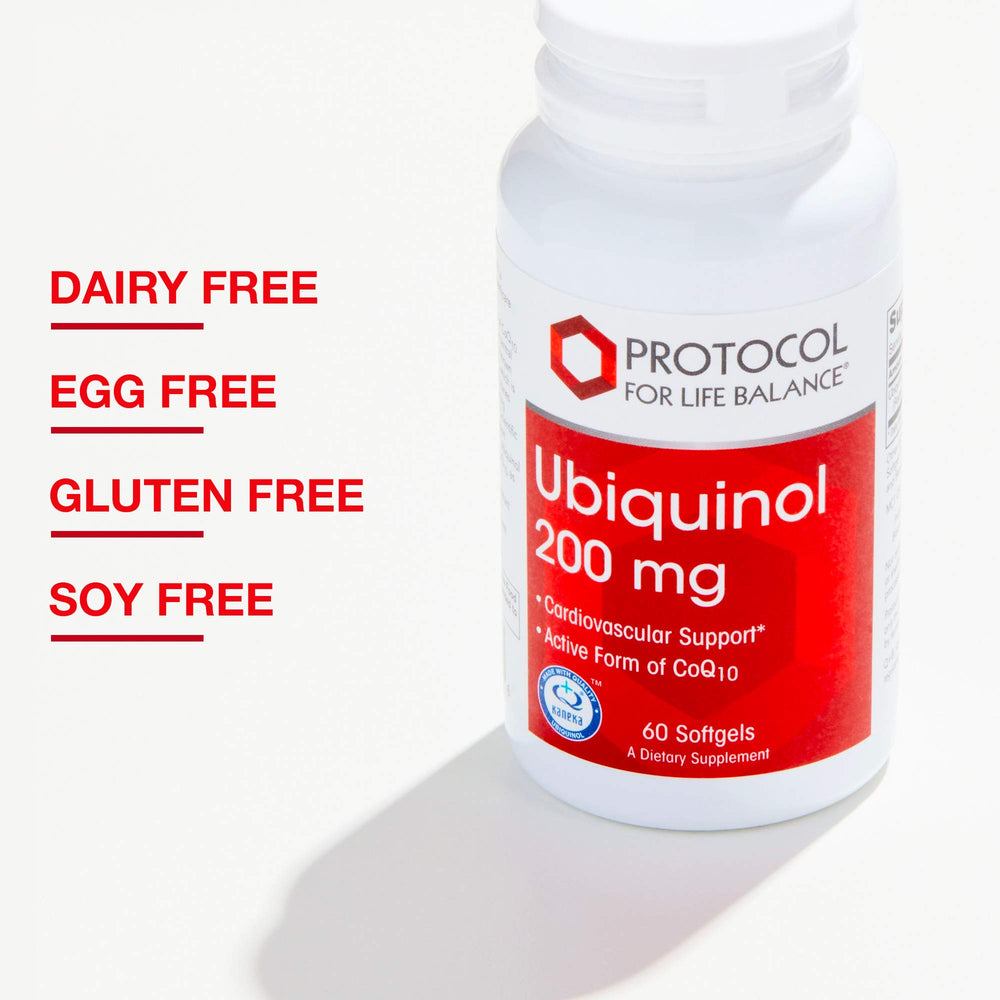 Nutrition panel view indicates high-bioavailability ubiquinol benefits.