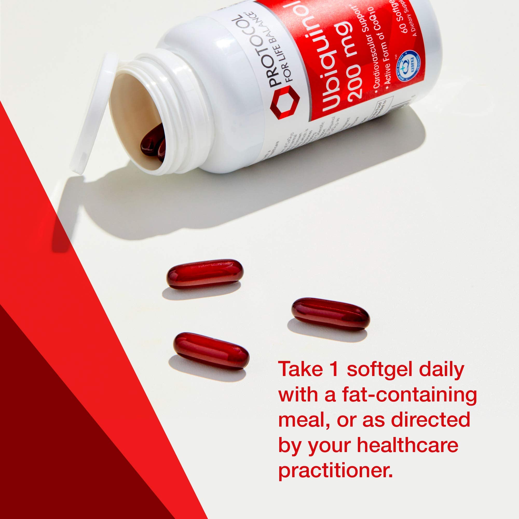 Pour shot shows daily intake of ubiquinol softgels for convenience.
