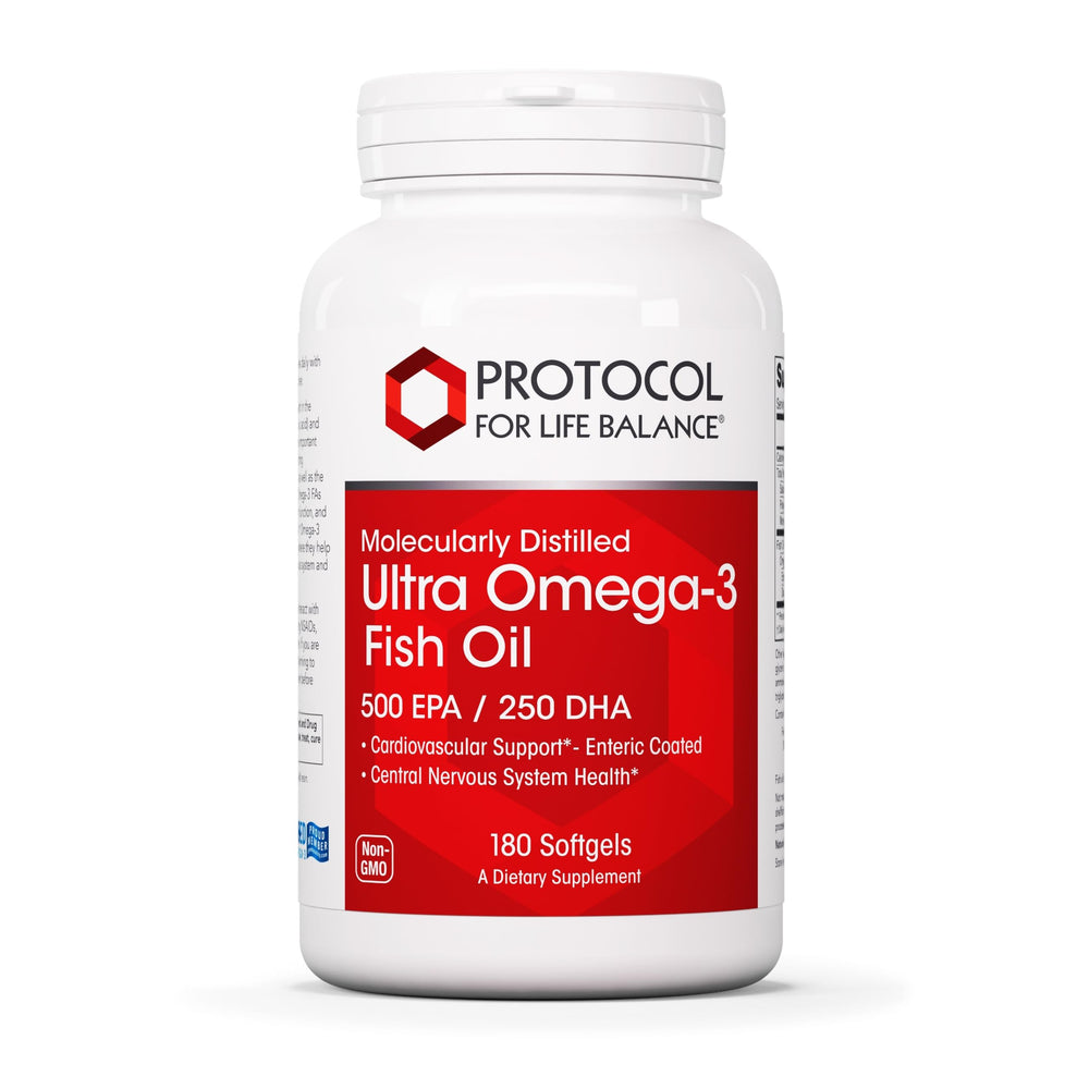 PROTOCOL FOR LIFE BALANCE Ultra Omega-3 softgels bottle may support heart and brain function.