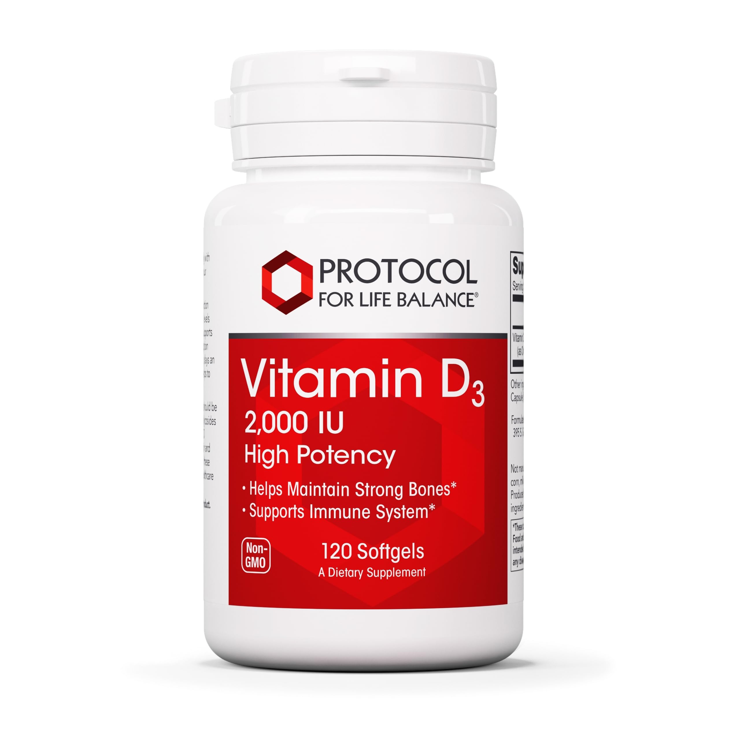 Protocol For Life Balance Vitamin D3 bottle; softgels support bone and teeth health.