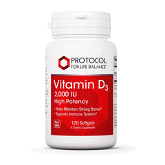 Protocol For Life Balance Vitamin D3 bottle; softgels support bone and teeth health.