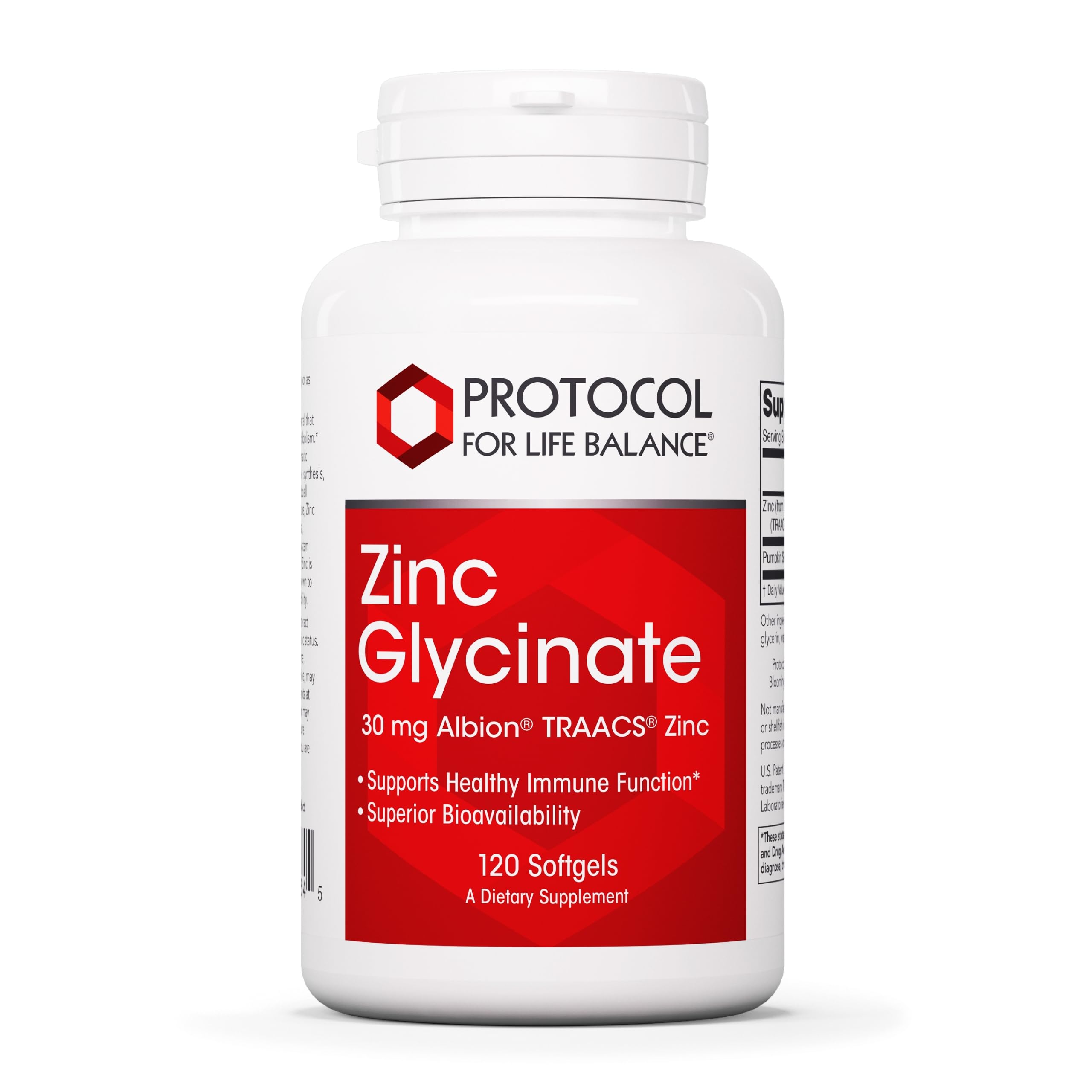 Protocol for Life Balance Zinc Glycinate 30mg bottle front for daily immune-support