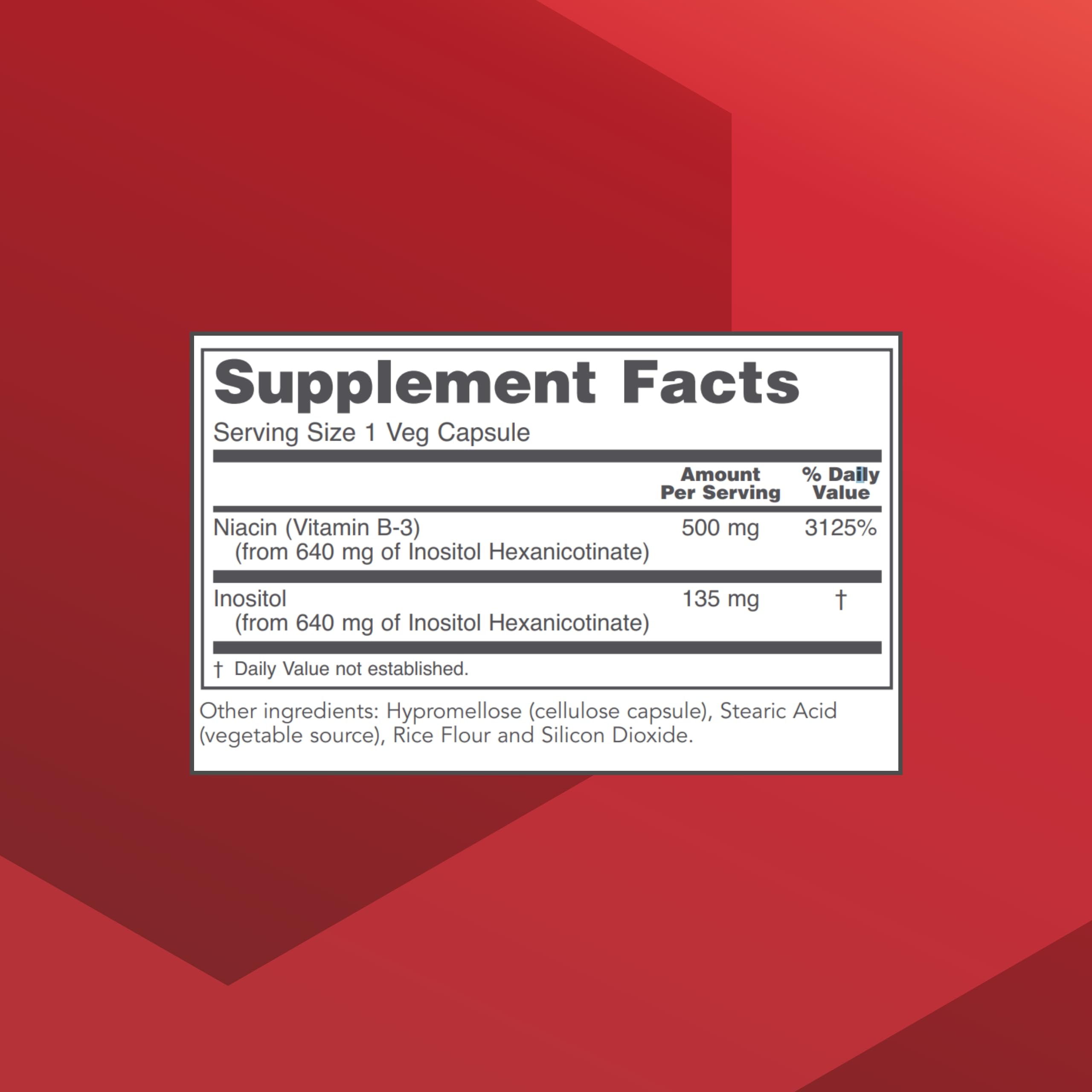 PROTOCOL FOR LIFE BALANCE niacin bottle back label detail highlighting hexanicotinate ingredients.