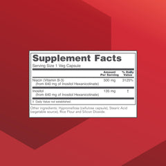 PROTOCOL FOR LIFE BALANCE niacin bottle back label detail highlighting hexanicotinate ingredients.