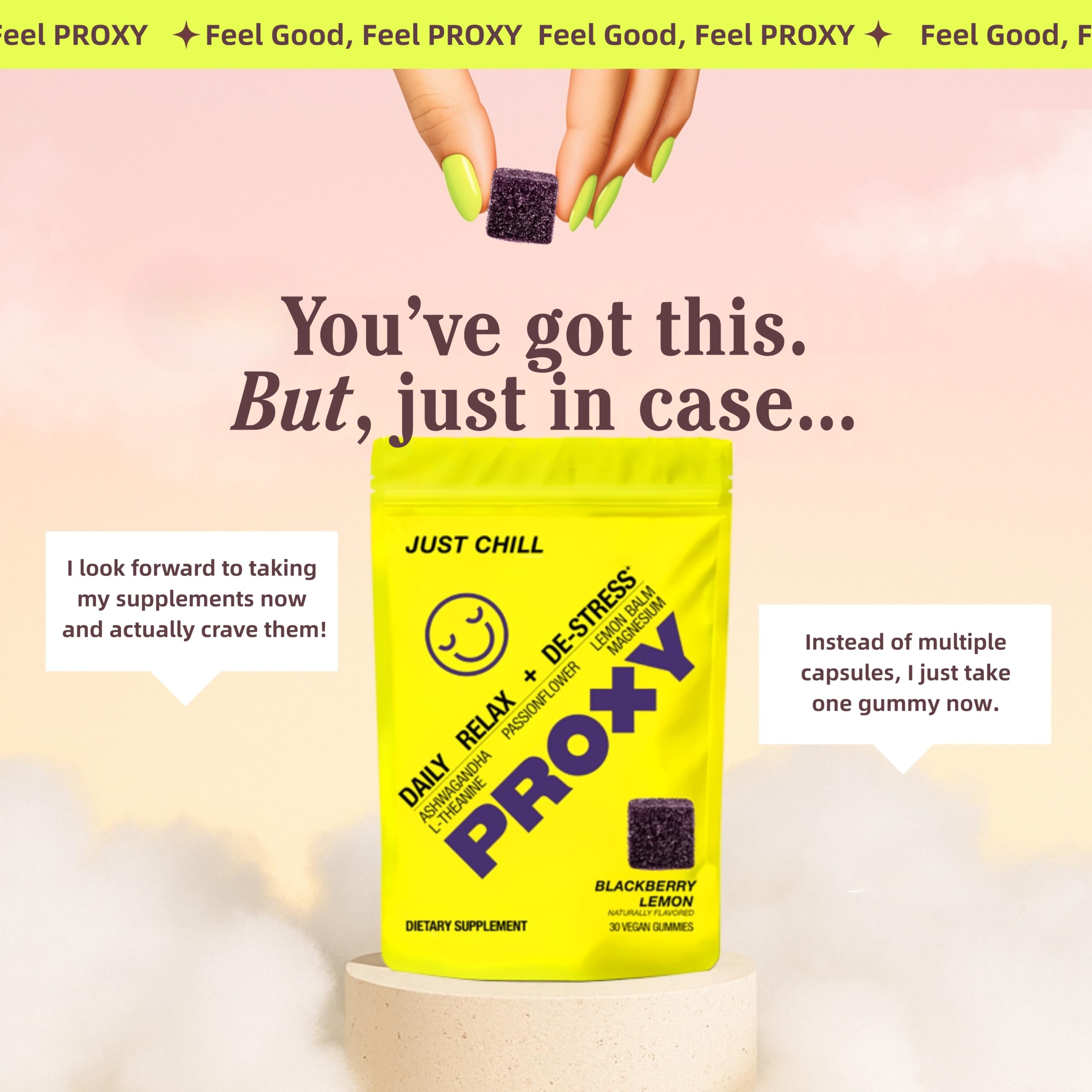 PROXY Just Chill gummies closeup highlight berry lemon flavor for calm focus.