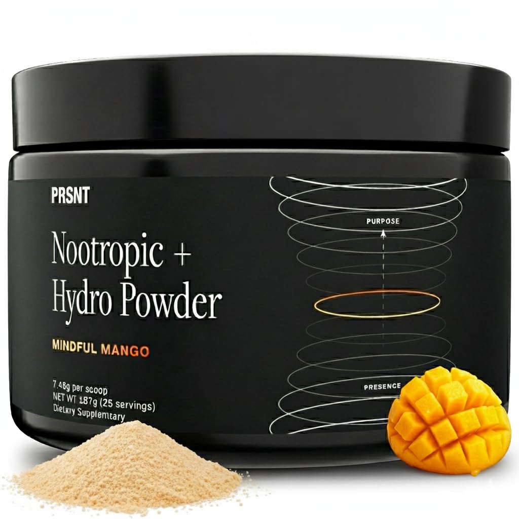 PRSNT Nootropic Focus Mango bottle shown for caffeine-free focus and hydration