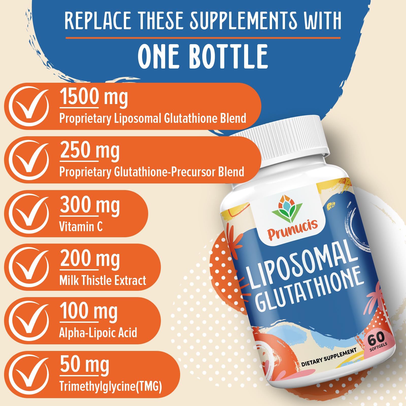 Prunucis bottle pouring softgels suggests easy daily use.