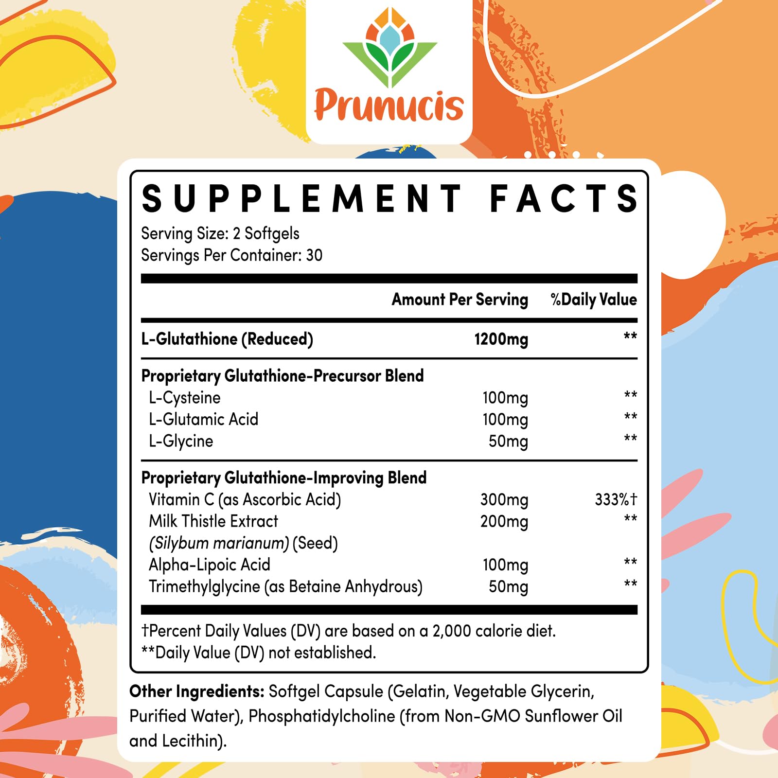 Prunucis liposomal glutathione label closeup highlighting vitamin C synergy.