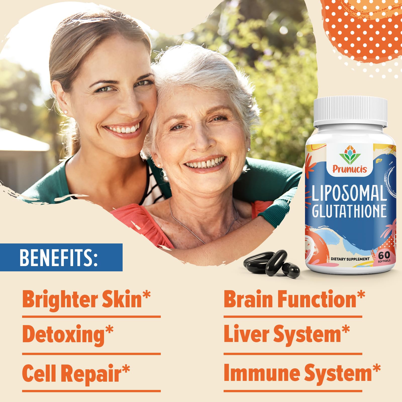 Prunucis softgels on white background ideal daily wellness routine.